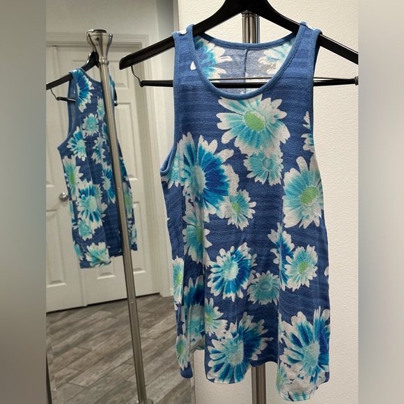 Justice Ribbed Blue Tank w/ Teal White Flowers - size Childrens Clothing: 20 - Picture 1 of 1